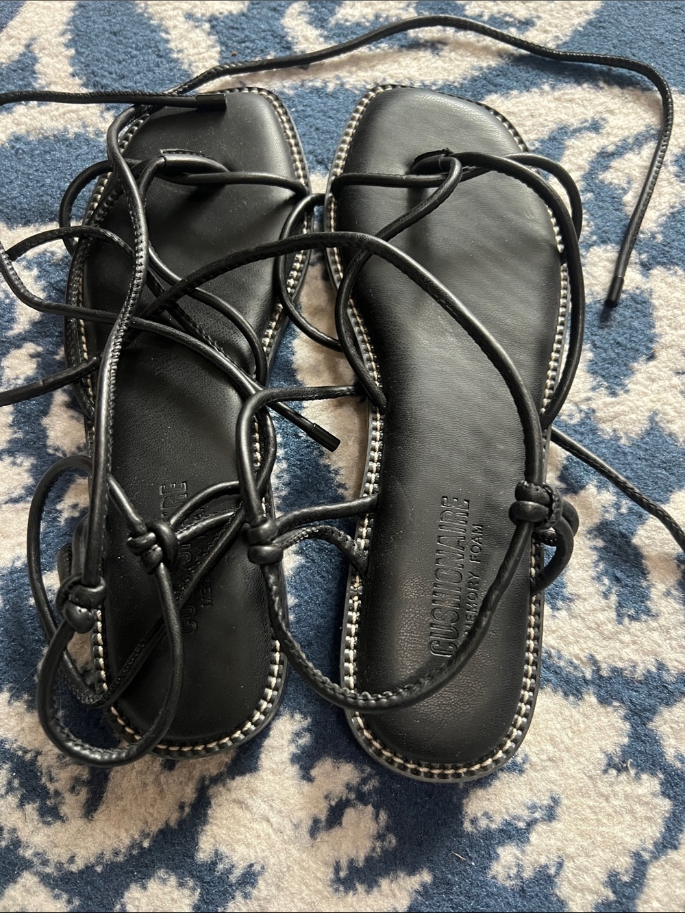 Black Lace-Up Flat Women's Sandals with Wrapped Straps